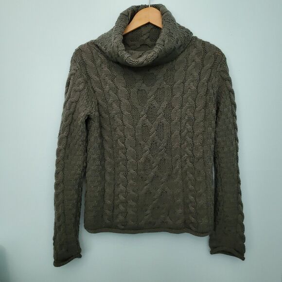 INIS CRAFTS Turtleneck Sweater Womens S Fisherman Cable Knit Merino Wool Green - Picture 1 of 8